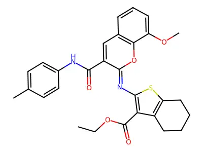 ethyl 2-[[8-methoxy-3-[(4-methylphenyl)carbamoyl]chromen-2-ylidene]amino]-4,5,6,7-tetrahydro-1-benzothiophene-3-carboxylate structure