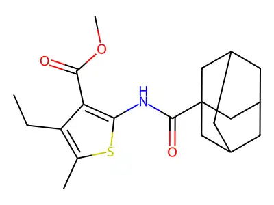 Methyl 2-(adamantanylcarbonylamino)-4-ethyl-5-methylthiophene-3-carboxylate structure