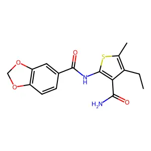 N-(3-carbamoyl-4-ethyl-5-methylthiophen-2-yl)-1,3-benzodioxole-5-carboxamide structure