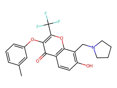 7-hydroxy-3-(3-methylphenoxy)-8-(pyrrolidin-1-ylmethyl)-2-(trifluoromethyl)-4H-chromen-4-one structure