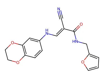 (E)-2-cyano-3-(2,3-dihydro-1,4-benzodioxin-6-ylamino)-N-(furan-2-ylmethyl)prop-2-enamide structure