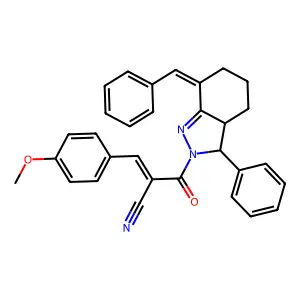 2-(7-benzylidene-3-phenyl-3a,4,5,6-tetrahydro-3H-indazole-2-carbonyl)-3-(4-methoxyphenyl)prop-2-enenitrile structure