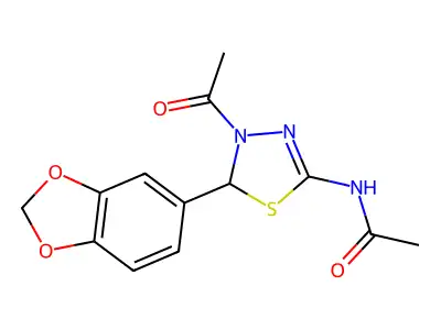 N-[4-Acetyl-5-(1,3-benzodioxol-5-yl)-4,5-dihydro-1,3,4-thiadiazol-2-yl]acetamide structure