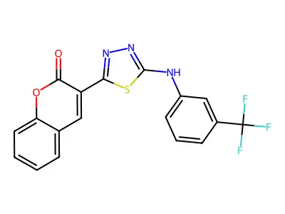 3-(5-{[3-(trifluoromethyl)phenyl]amino}-1,3,4-thiadiazol-2-yl)-2H-chromen-2-one structure