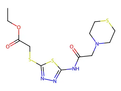 ethyl 2-[(5-{[2-(1,4-thiazinan-4-yl)acetyl]amino}-1,3,4-thiadiazol-2-yl)sulfanyl]acetate structure