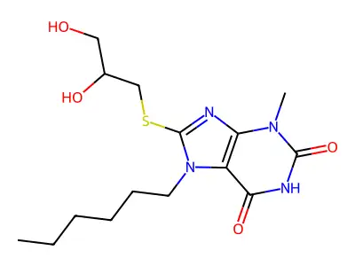 8-((2,3-dihydroxypropyl)thio)-7-hexyl-3-methyl-1H-purine-2,6(3H,7H)-dione structure