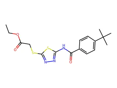 ethyl 2-[(5-{[4-(tert-butyl)benzoyl]amino}-1,3,4-thiadiazol-2-yl)sulfanyl]acetate structure