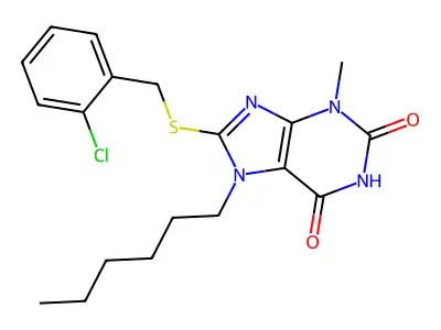8-[(2-chlorobenzyl)sulfanyl]-7-hexyl-3-methyl-3,7-dihydro-1H-purine-2,6-dione structure