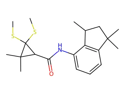 2,2-dimethyl-3,3-bis(methylsulfanyl)-N-(1,1,3-trimethyl-2,3-dihydro-1H-inden-4-yl)cyclopropane-1-carboxamide structure