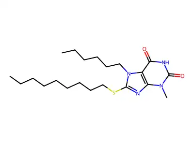 7-hexyl-3-methyl-8-(nonylsulfanyl)-3,7-dihydro-1H-purine-2,6-dione structure