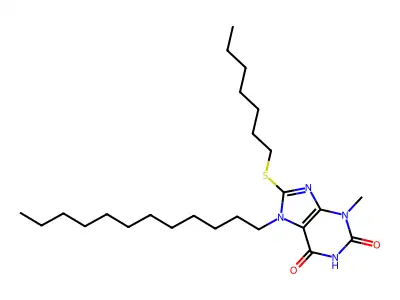 7-dodecyl-8-(heptylsulfanyl)-3-methyl-3,7-dihydro-1H-purine-2,6-dione structure