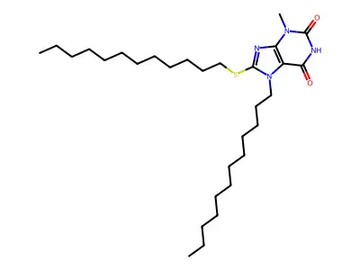 7-dodecyl-8-(dodecylsulfanyl)-3-methyl-3,7-dihydro-1H-purine-2,6-dione structure