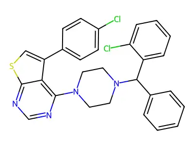 5-(4-chlorophenyl)-4-{4-[(2-chlorophenyl)(phenyl)methyl]piperazin-1-yl}thieno[2,3-d]pyrimidine structure