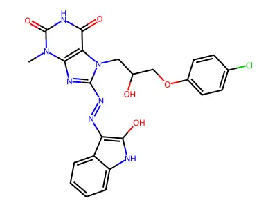 (E)-7-(3-(4-chlorophenoxy)-2-hydroxypropyl)-3-methyl-8-(2-(2-oxoindolin-3-ylidene)hydrazinyl)-1H-purine-2,6(3H,7H)-dione structure