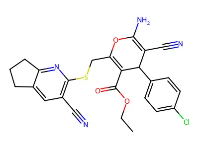 ethyl 6-amino-4-(4-chlorophenyl)-5-cyano-2-(((3-cyano-6,7-dihydro-5H-cyclopenta[b]pyridin-2-yl)thio)methyl)-4H-pyran-3-carboxylate structure