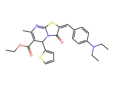 (E)-ethyl 2-(4-(diethylamino)benzylidene)-7-methyl-3-oxo-5-(thiophen-2-yl)-3,5-dihydro-2H-thiazolo[3,2-a]pyrimidine-6-carboxylate structure