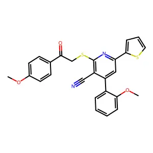 4-(2-methoxyphenyl)-2-[2-(4-methoxyphenyl)-2-oxoethyl]sulfanyl-6-thiophen-2-ylpyridine-3-carbonitrile structure
