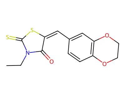(5E)-5-(2,3-dihydro-1,4-benzodioxin-6-ylmethylene)-3-ethyl-2-thioxo-1,3-thiazolidin-4-one structure