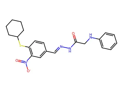 2-anilino-N-[(4-cyclohexylsulfanyl-3-nitrophenyl)methylideneamino]acetamide structure