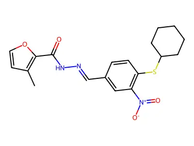 N'-{[4-(cyclohexylsulfanyl)-3-nitrophenyl]methylene}-3-methyl-2-furohydrazide structure