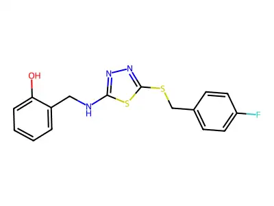 2-[({5-[(4-Fluorobenzyl)sulfanyl]-1,3,4-thiadiazol-2-yl}amino)methyl]benzenol structure