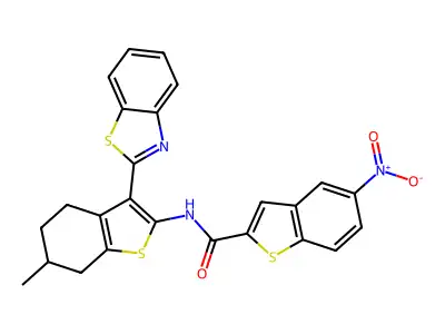 N-[3-(1,3-benzothiazol-2-yl)-6-methyl-4,5,6,7-tetrahydro-1-benzothiophen-2-yl]-5-nitro-1-benzothiophene-2-carboxamide structure