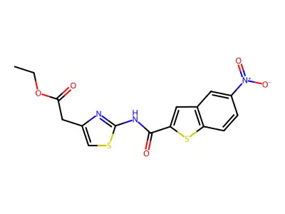 Ethyl 2-(2-(5-nitrobenzo[b]thiophene-2-carboxamido)thiazol-4-yl)acetate structure