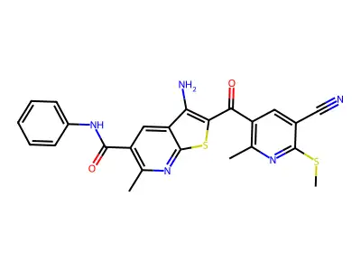 3-amino-2-[5-cyano-2-methyl-6-(methylsulfanyl)pyridine-3-carbonyl]-6-methyl-N-phenylthieno[2,3-b]pyridine-5-carboxamide structure