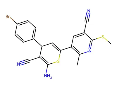 5-[6-amino-4-(4-bromophenyl)-5-cyano-4H-thiopyran-2-yl]-6-methyl-2-(methylsulfanyl)pyridine-3-carbonitrile structure