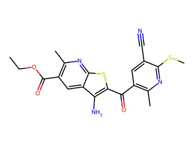 ethyl 3-amino-2-(5-cyano-2-methyl-6-methylsulfanylpyridine-3-carbonyl)-6-methylthieno[2,3-b]pyridine-5-carboxylate structure