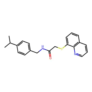 N-[(4-propan-2-ylphenyl)methyl]-2-quinolin-8-ylsulfanylacetamide structure