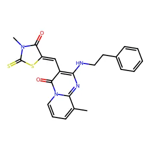 9-methyl-3-[(Z)-(3-methyl-4-oxo-2-thioxo-1,3-thiazolidin-5-ylidene)methyl]-2-[(2-phenylethyl)amino]-4H-pyrido[1,2-a]pyrimidin-4-one structure