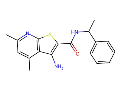 3-amino-4,6-dimethyl-N-(1-phenylethyl)thieno[2,3-b]pyridine-2-carboxamide structure
