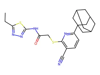 2-{[6-(1-adamantyl)-3-cyanopyridin-2-yl]sulfanyl}-N-(5-ethyl-1,3,4-thiadiazol-2-yl)acetamide structure