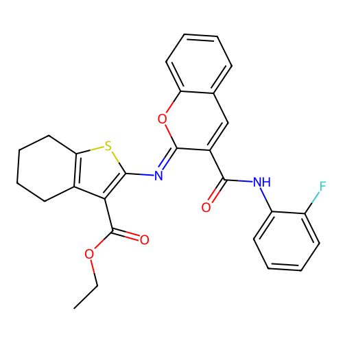ethyl 2-({3-[(2-fluoroanilino)carbonyl]-2H-chromen-2-ylidene}amino)-4,5,6,7-tetrahydro-1-benzothiophene-3-carboxylate structure