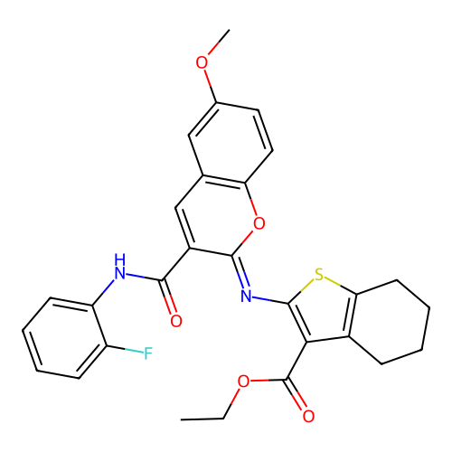 ethyl 2-({3-[(2-fluoroanilino)carbonyl]-6-methoxy-2H-chromen-2-ylidene}amino)-4,5,6,7-tetrahydro-1-benzothiophene-3-carboxylate structure