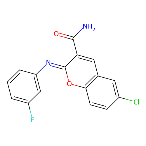 6-chloro-2-[(3-fluorophenyl)imino]-2H-chromene-3-carboxamide structure