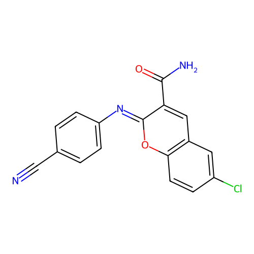 6-chloro-2-[(4-cyanophenyl)imino]-2H-chromene-3-carboxamide structure