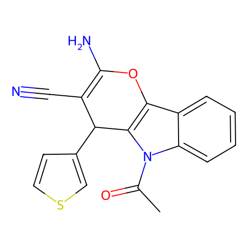 5-Acetyl-2-amino-4-(thiophen-3-yl)-4,5-dihydropyrano[3,2-b]indole-3-carbonitrile structure