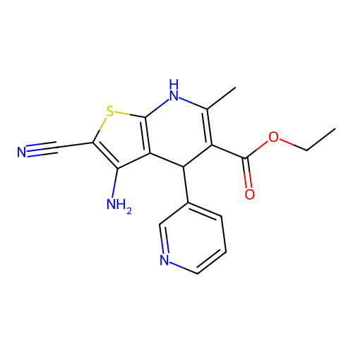 ethyl 3-amino-2-cyano-6-methyl-4-(pyridin-3-yl)-4,7-dihydrothieno[2,3-b]pyridine-5-carboxylate structure