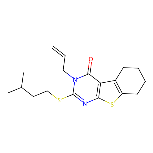 3-allyl-2-(isopentylthio)-5,6,7,8-tetrahydrobenzo[4,5]thieno[2,3-d]pyrimidin-4(3H)-one structure