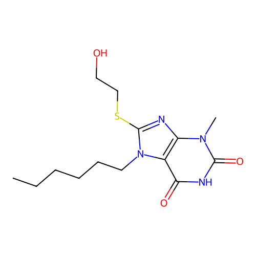 7-Hexyl-8-(2-hydroxyethylthio)-3-methyl-1,3,7-trihydropurine-2,6-dione structure