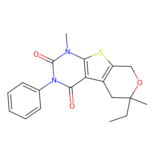 6-Ethyl-1,6-dimethyl-3-phenyl-1,5,6,8-tetrahydro-pyrano[4',3':4,5]thieno[2,3-d]pyrimidine-2,4-dione structure