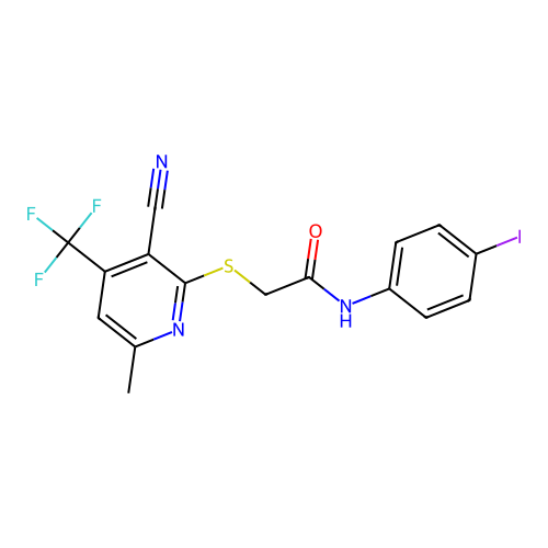 2-[3-cyano-6-methyl-4-(trifluoromethyl)pyridin-2-yl]sulfanyl-N-(4-iodophenyl)acetamide structure