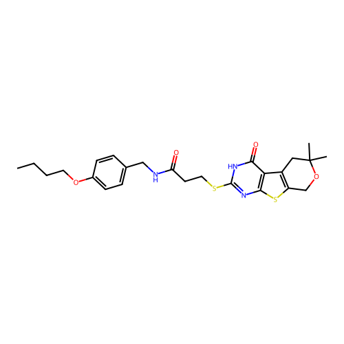 N-(4-butoxybenzyl)-3-((6,6-dimethyl-4-oxo-4,5,6,8-tetrahydro-3H-pyrano[4',3':4,5]thieno[2,3-d]pyrimidin-2-yl)thio)propanamide structure