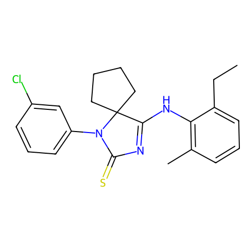 (Z)-1-(3-chlorophenyl)-4-((2-ethyl-6-methylphenyl)imino)-1,3-diazaspiro[4.4]nonane-2-thione structure