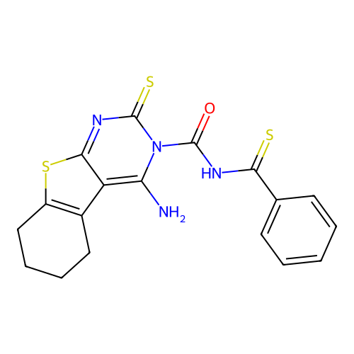 4-imino-N-(phenylcarbonothioyl)-2-thioxo-1,2,5,6,7,8-hexahydrobenzo[4,5]thieno[2,3-d]pyrimidine-3(4H)-carboxamide structure