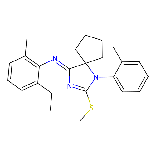 (Z)-2-ethyl-6-methyl-N-(2-(methylthio)-1-(o-tolyl)-1,3-diazaspiro[4.4]non-2-en-4-ylidene)aniline structure