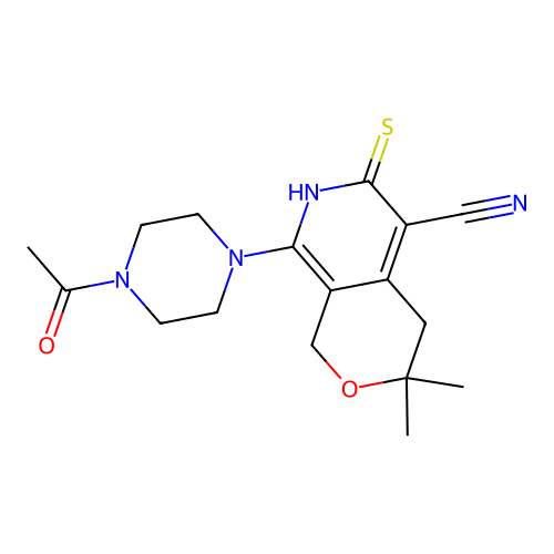 8-(4-acetylpiperazin-1-yl)-3,3-dimethyl-6-thioxo-3,4,6,7-tetrahydro-1H-pyrano[3,4-c]pyridine-5-carbonitrile structure