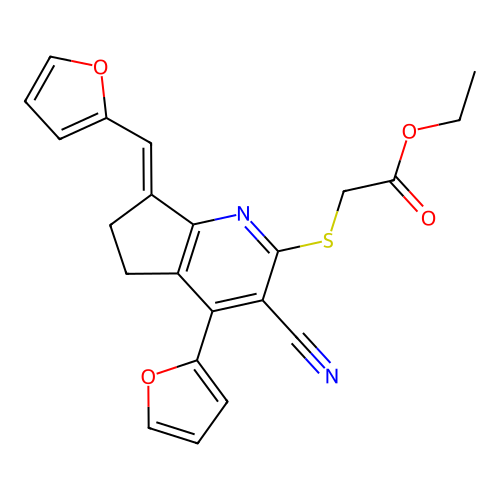 (E)-ethyl 2-((3-cyano-4-(furan-2-yl)-7-(furan-2-ylmethylene)-6,7-dihydro-5H-cyclopenta[b]pyridin-2-yl)thio)acetate structure
